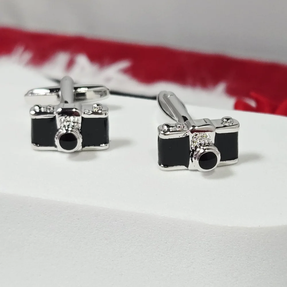 Black Camera Men’s Novelty French Cufflinks Silver Plated Bullet Back Gift